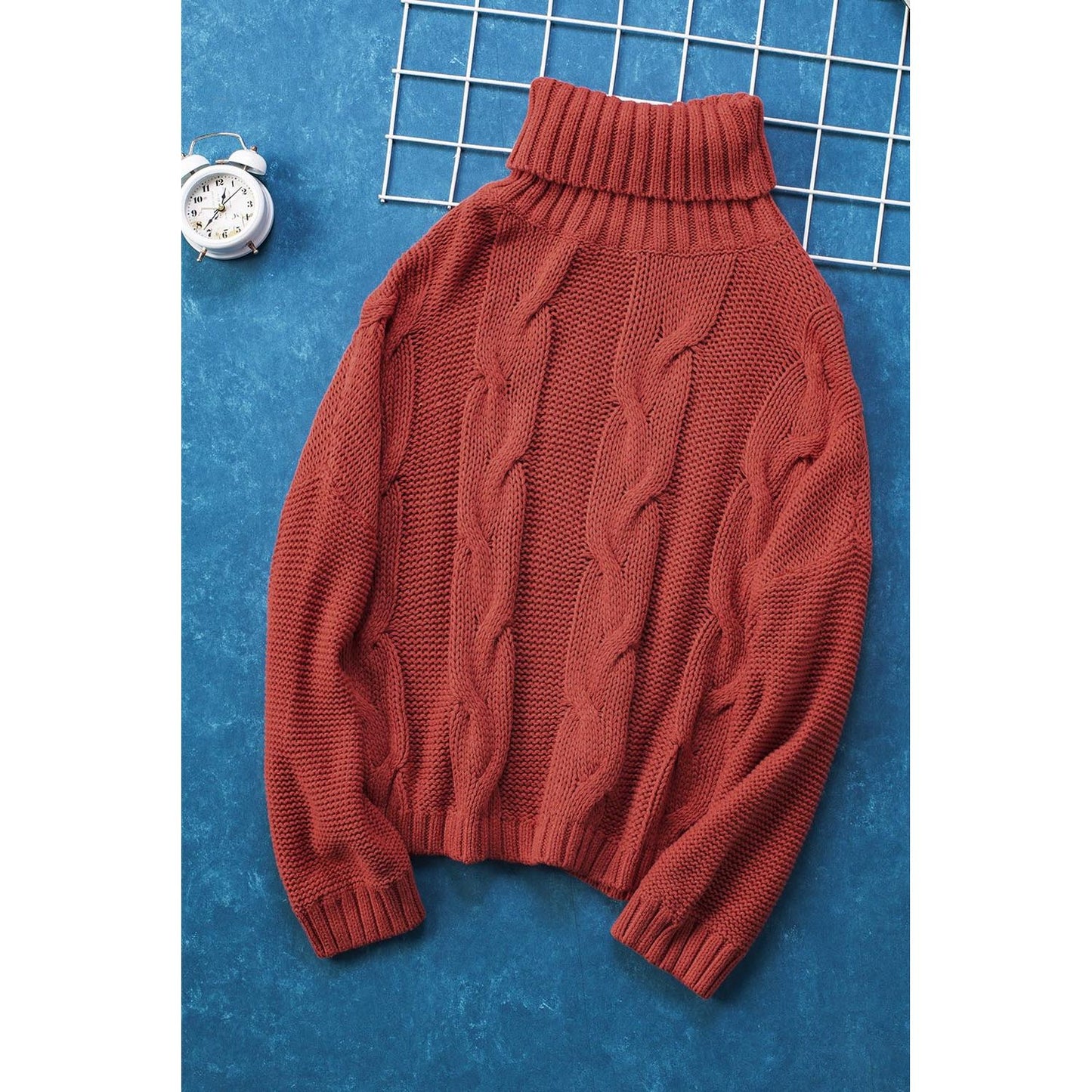 Cable-Knit Turtleneck Dropped Shoulder Sweater