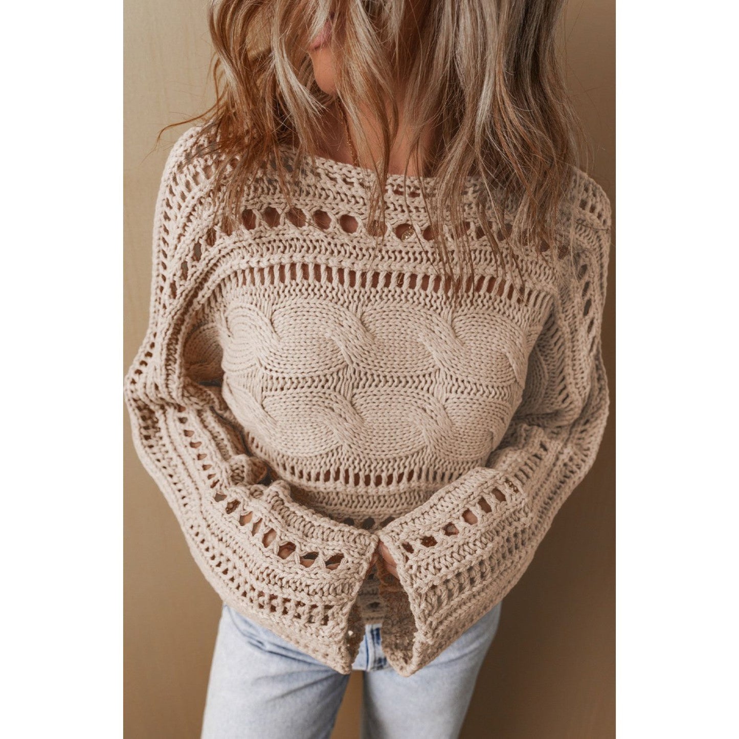 Cable-Knit Openwork Long Sleeve Sweater