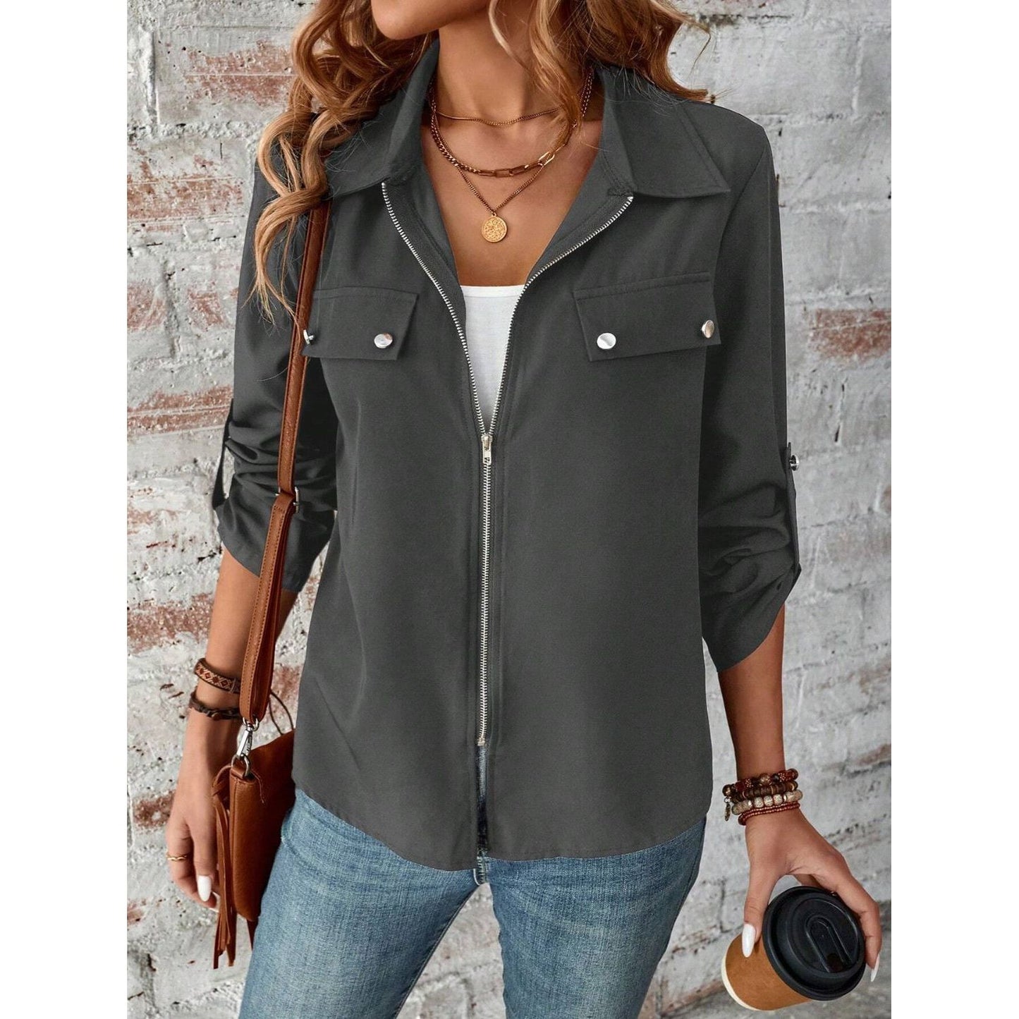 Zip Up Collared Neck Roll-Tab Sleeve Jacket