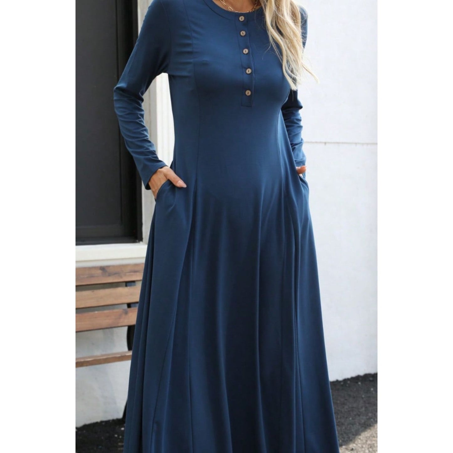 Round Neck Long Sleeve Maxi Dress with Pockets