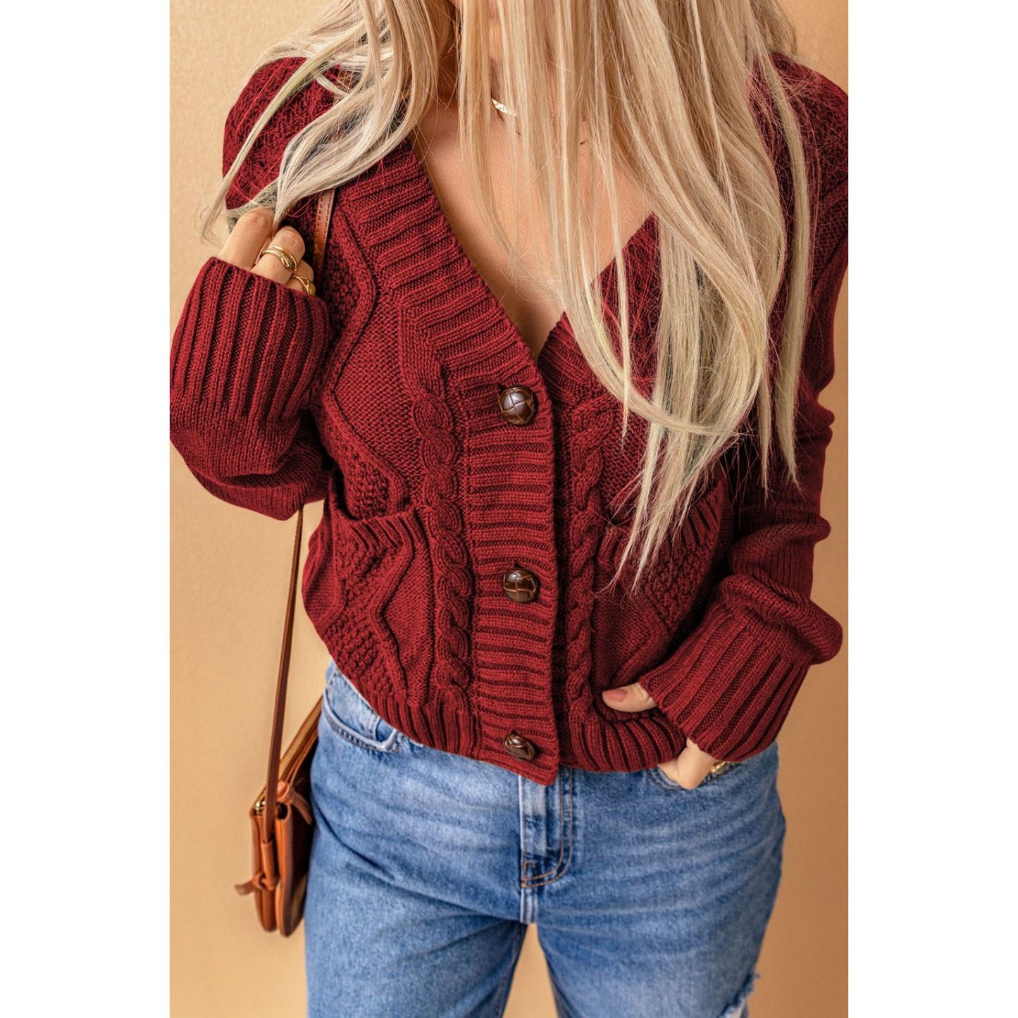 Cable-Knit Button Down V-Neck Cardigan