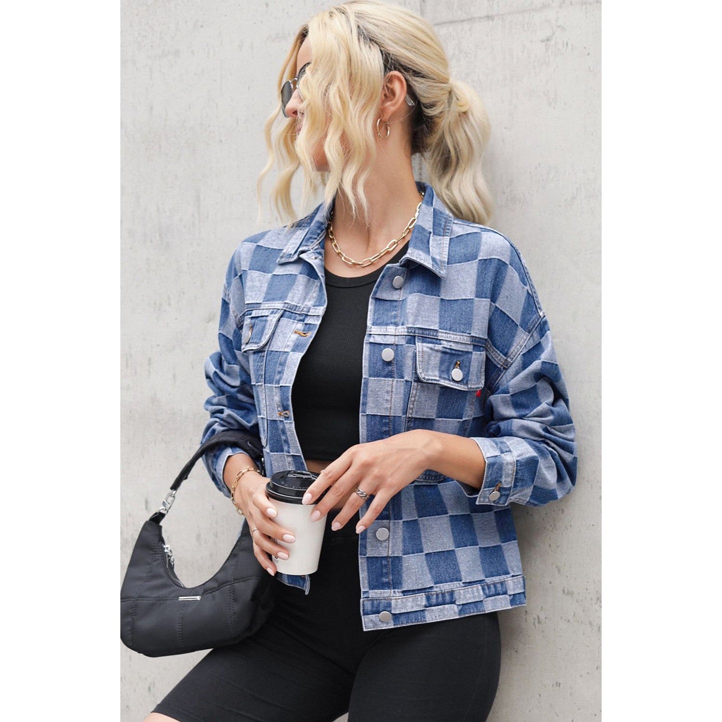Checkered Button Up Long Sleeve Denim Jacket