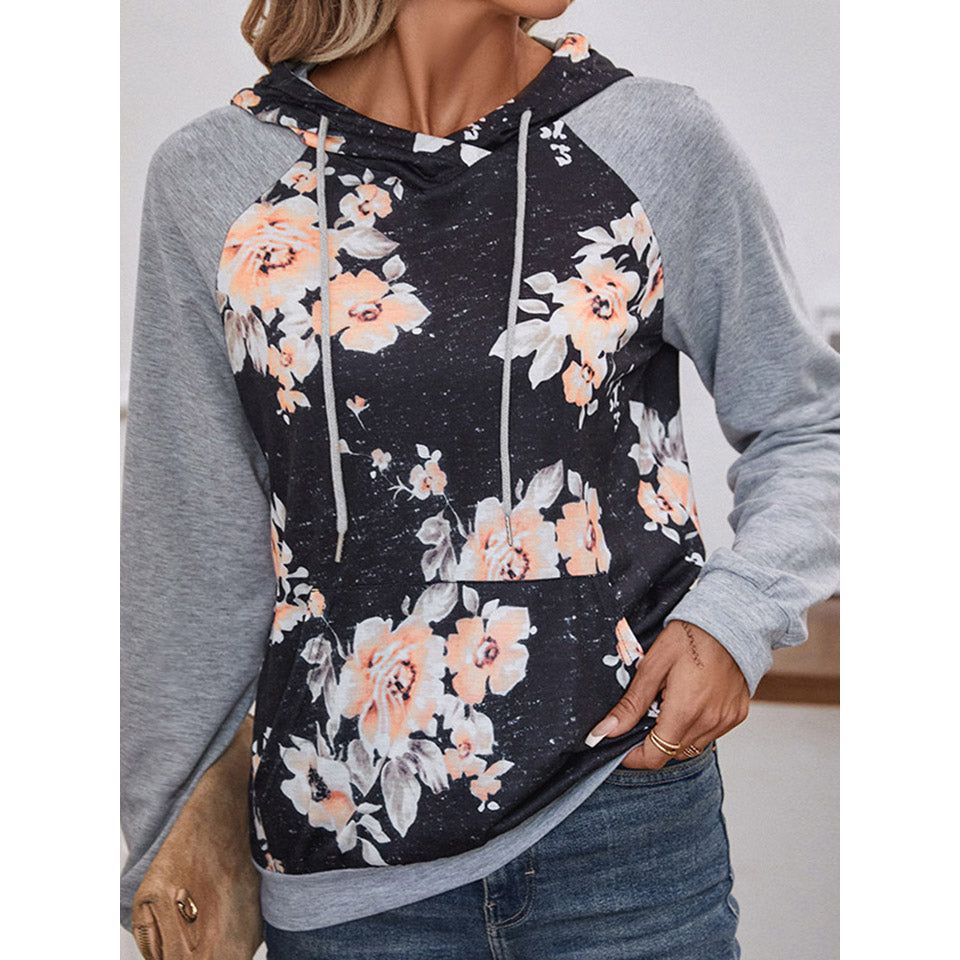 Perfee Printed Raglan Sleeve Hoodie