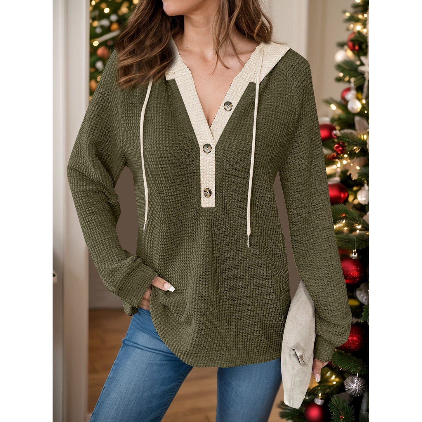 Full Size Waffle-Knit Contrast Long Sleeve Hoodie