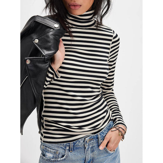 Exposed Seam Striped Turtleneck Long Sleeve T-Shirt