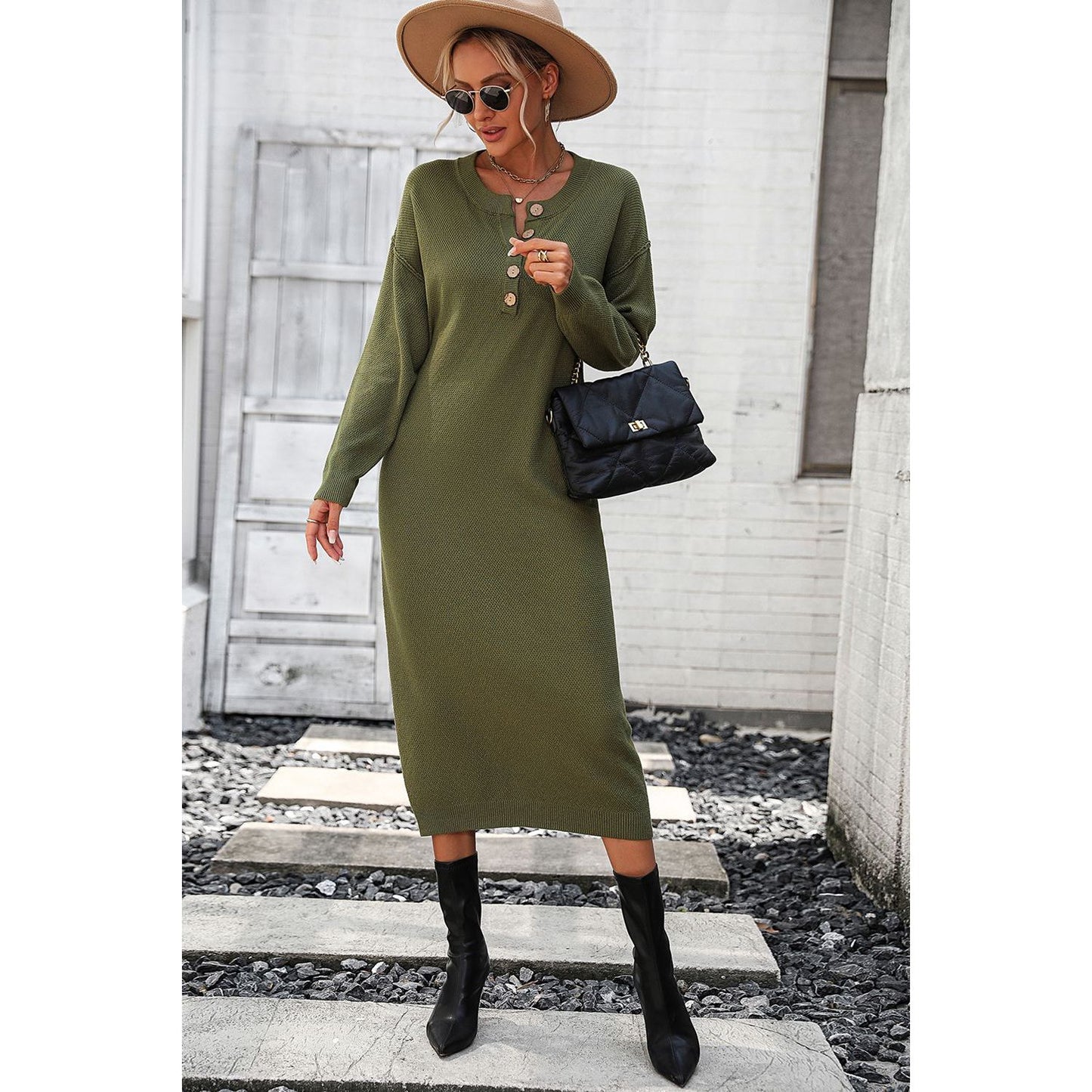 Decorative Button Notched Dropped Shoulder Sweater Dress