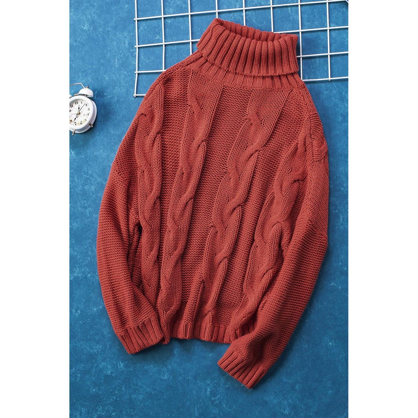 Cable-Knit Turtleneck Dropped Shoulder Sweater