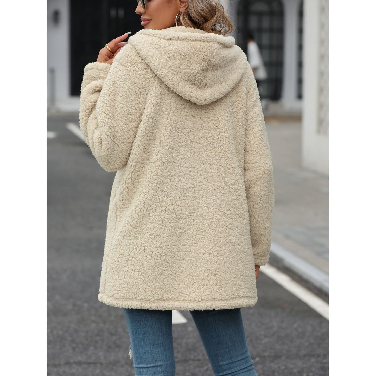 Fuzzy Zip Up Long Sleeve Hooded Jacket