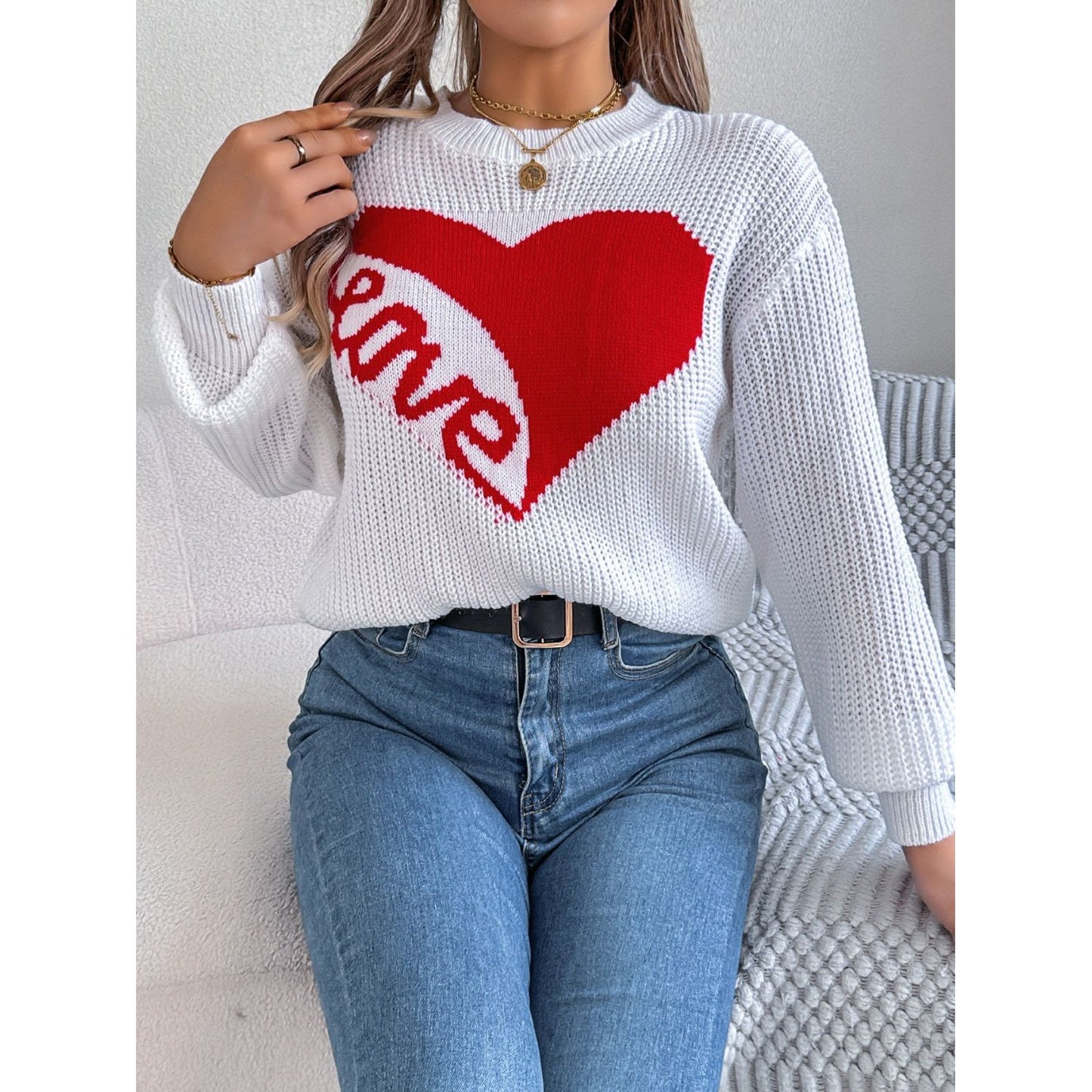 LOVE Heart Round Neck Dropped Shoulder Sweater