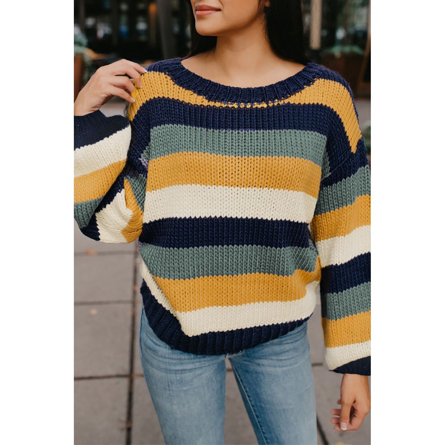 Color Block Round Neck Dropped Shoulder Sweater