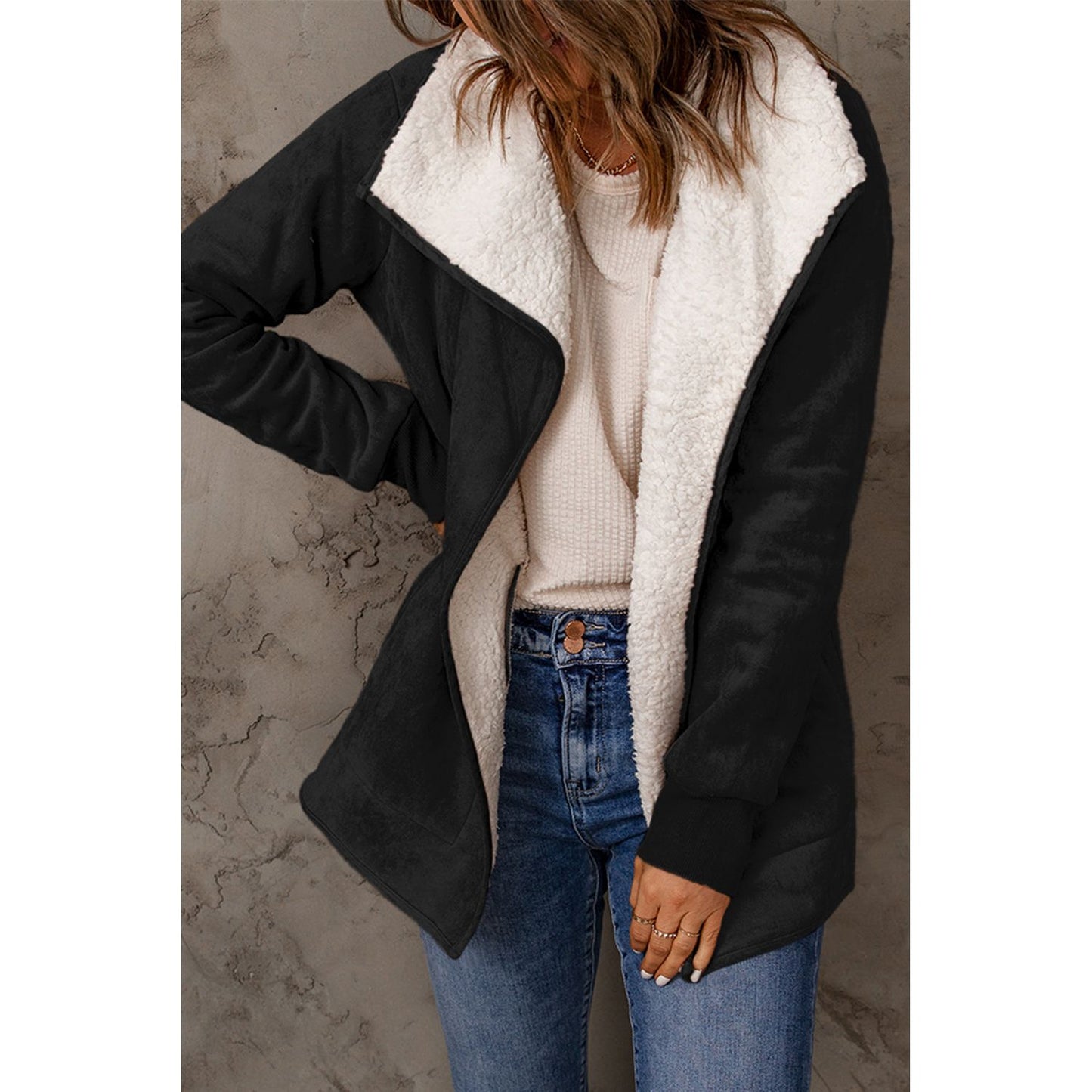 Open Front Long Sleeve Sherpa Jacket