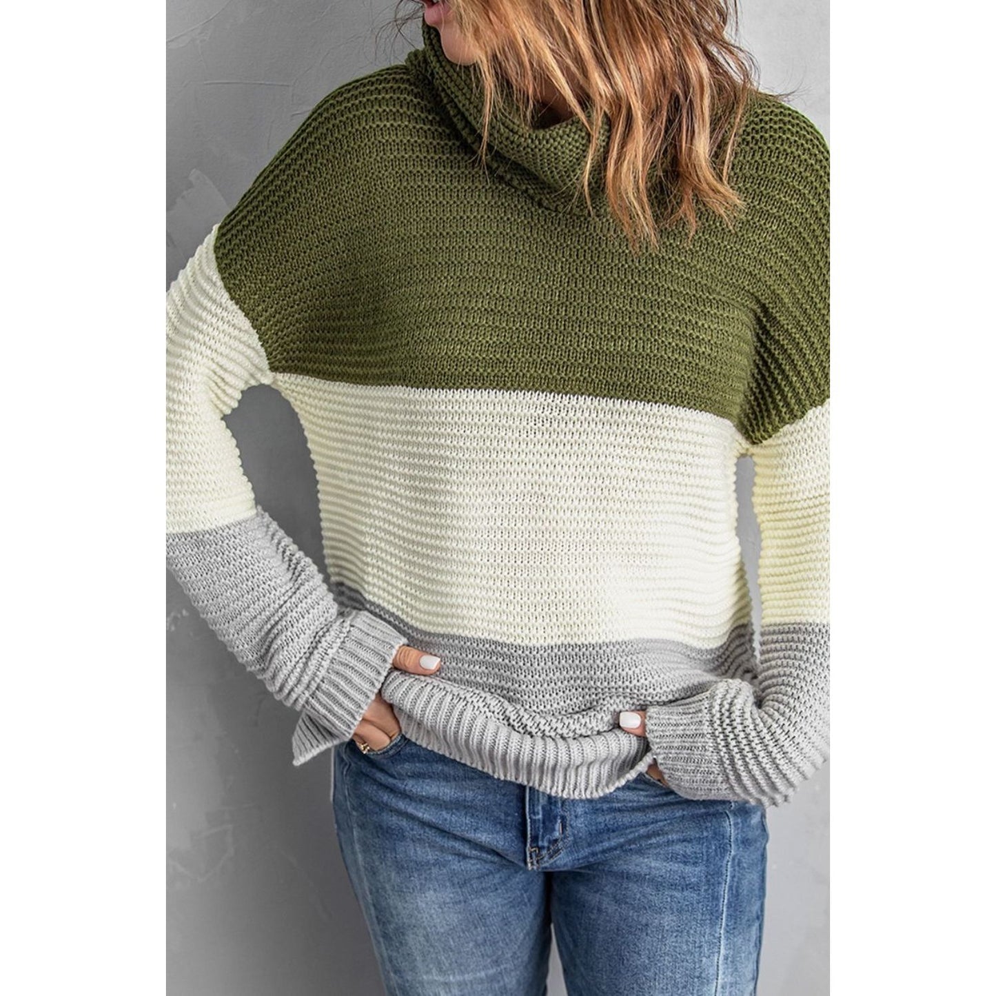 Color Block Turtleneck Long Sleeve Sweater
