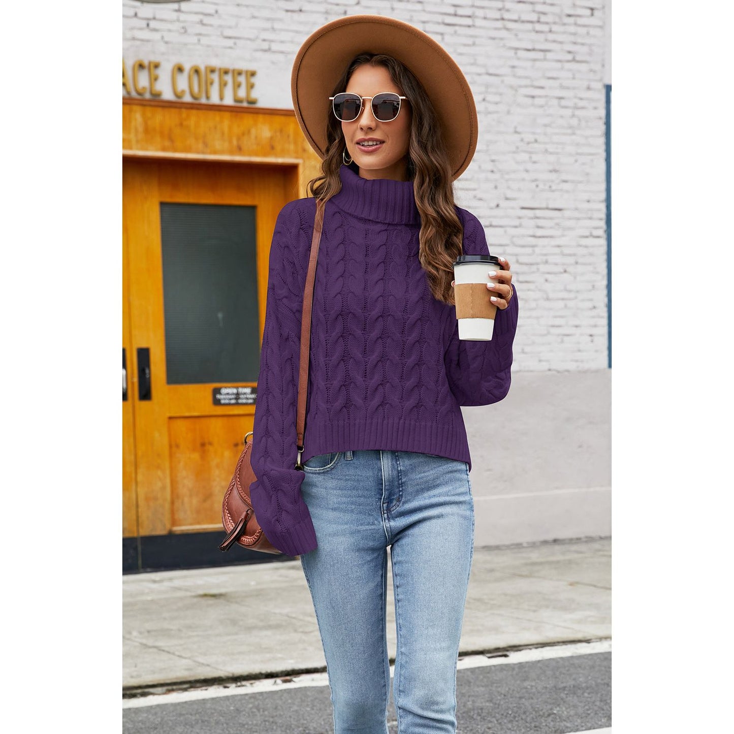 Turtleneck Cable-Knit Long Sleeve Sweater