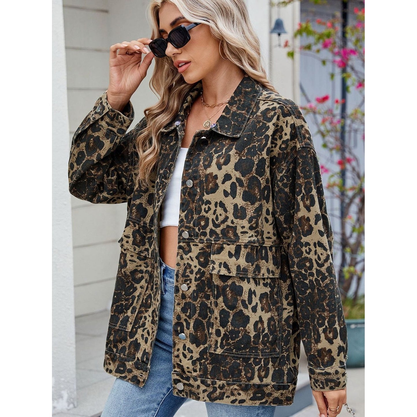 Leopard Button Up Drop Shoulder Denim Jacket