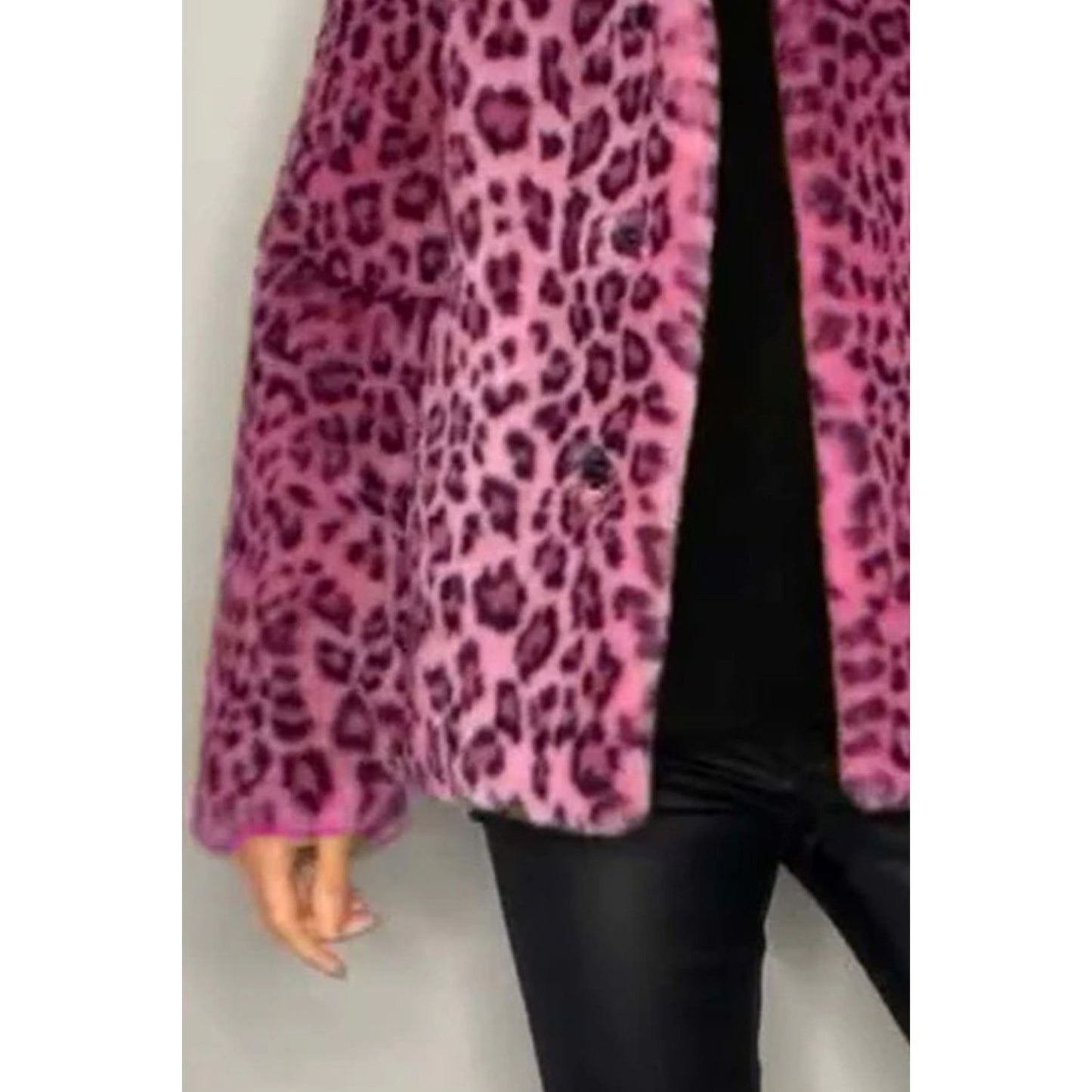 Full Size Leopard Furry Collared Neck Long Sleeve Coat
