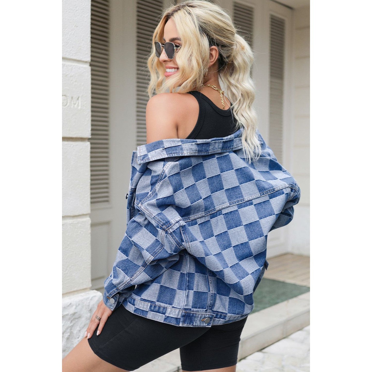 Checkered Button Up Long Sleeve Denim Jacket