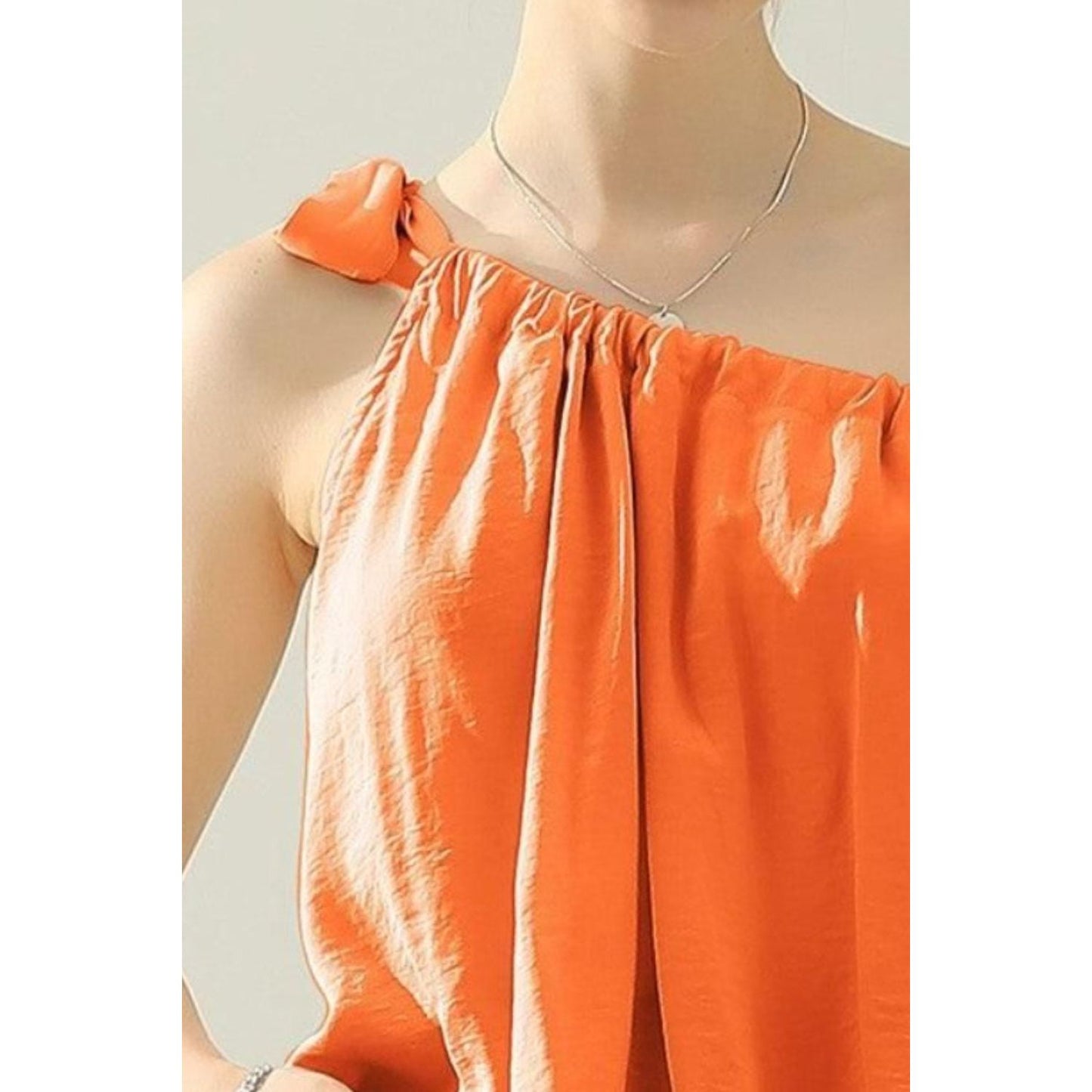 Ninexis One Shoulder Bow Tie Strap Satin Silk Top
