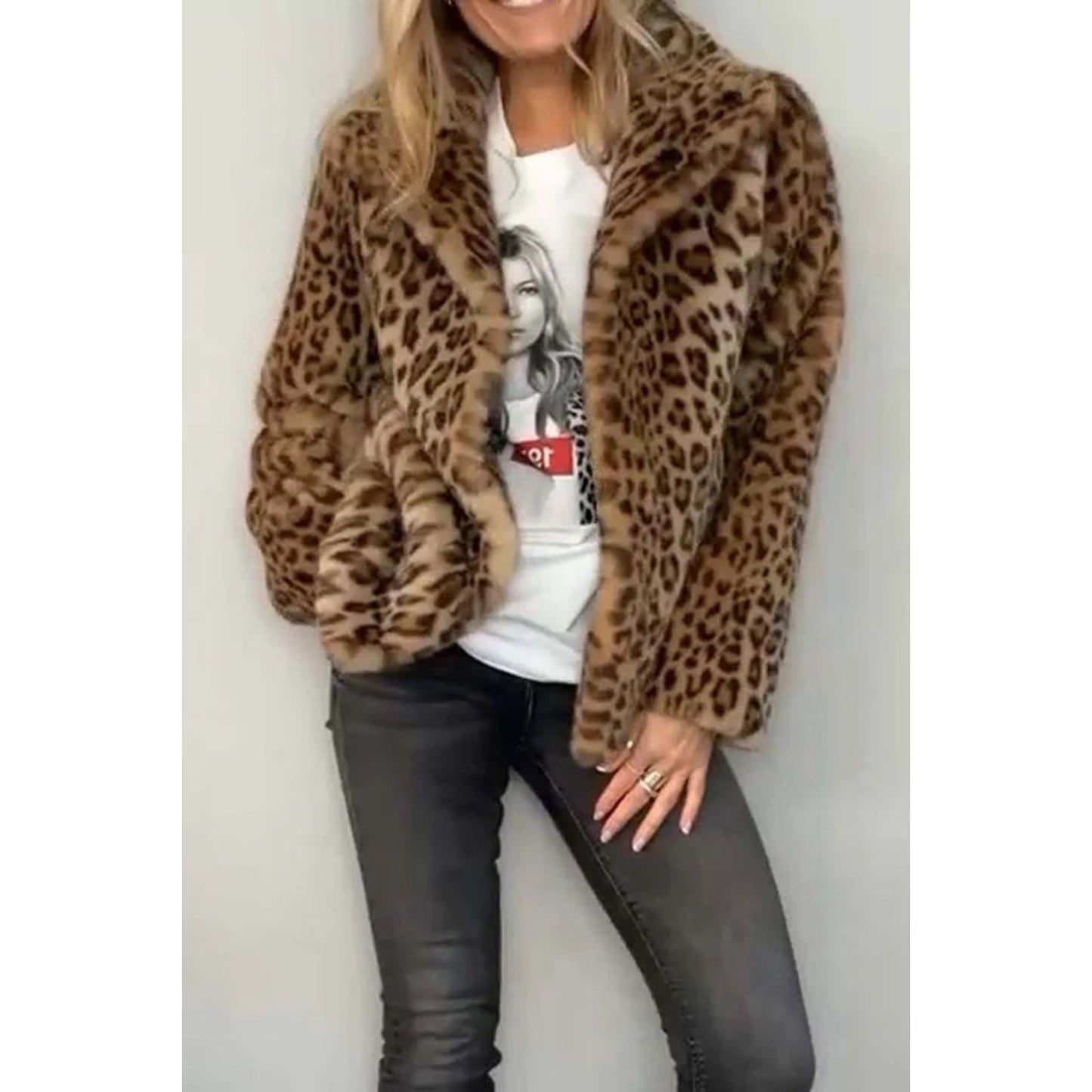 Full Size Leopard Furry Collared Neck Long Sleeve Coat