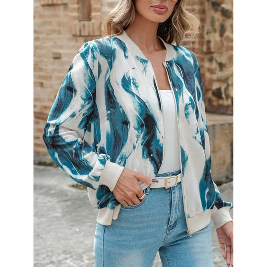 Printed Baseball Collar Zip Up Jacket