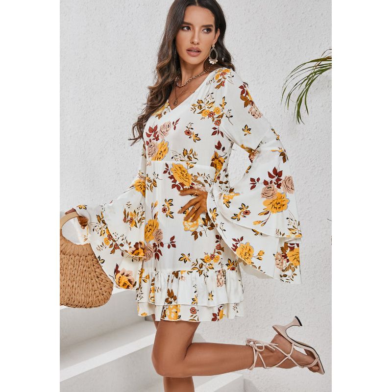 Printed V-Neck Flare Sleeve Mini Dress