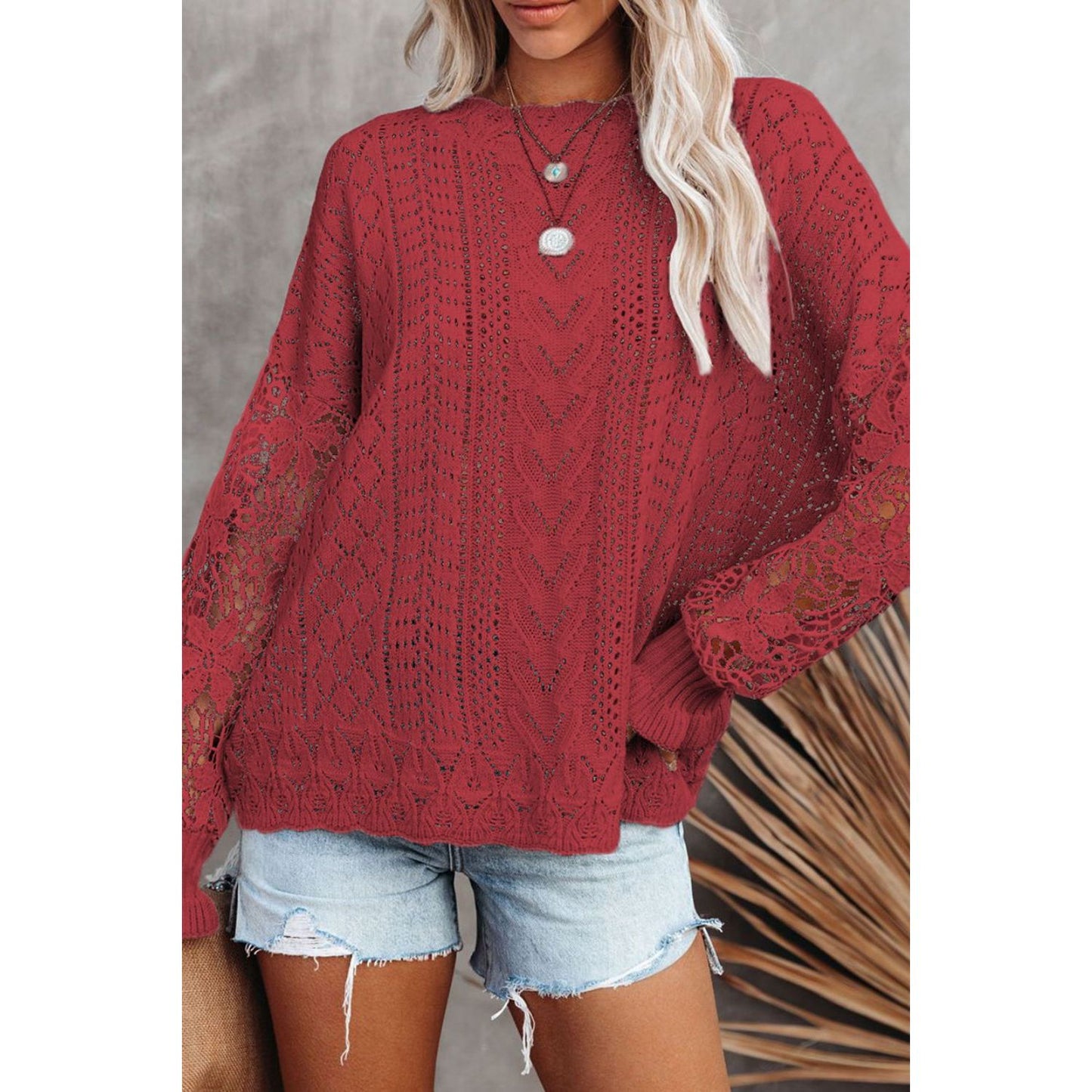 Openwork Round Neck Long Sleeve Sweater