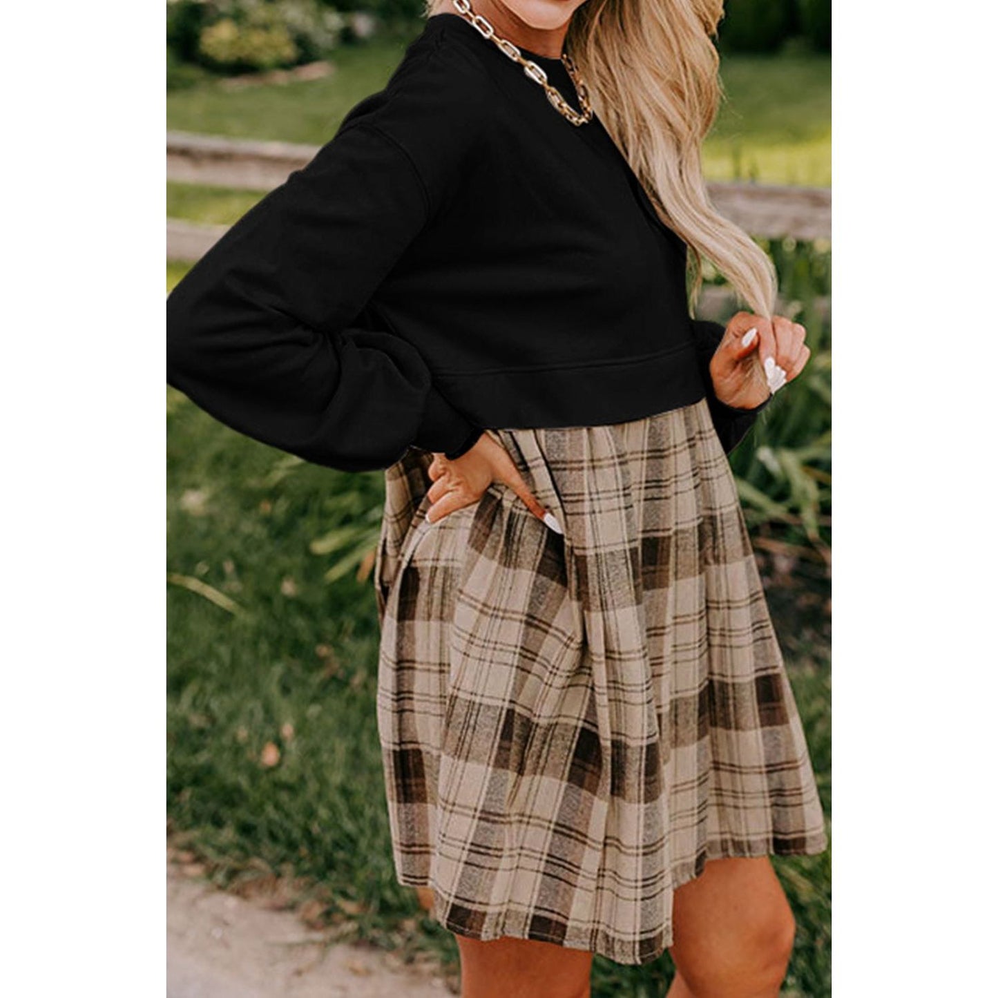 Plaid Round Neck Long Sleeve Mini Dress