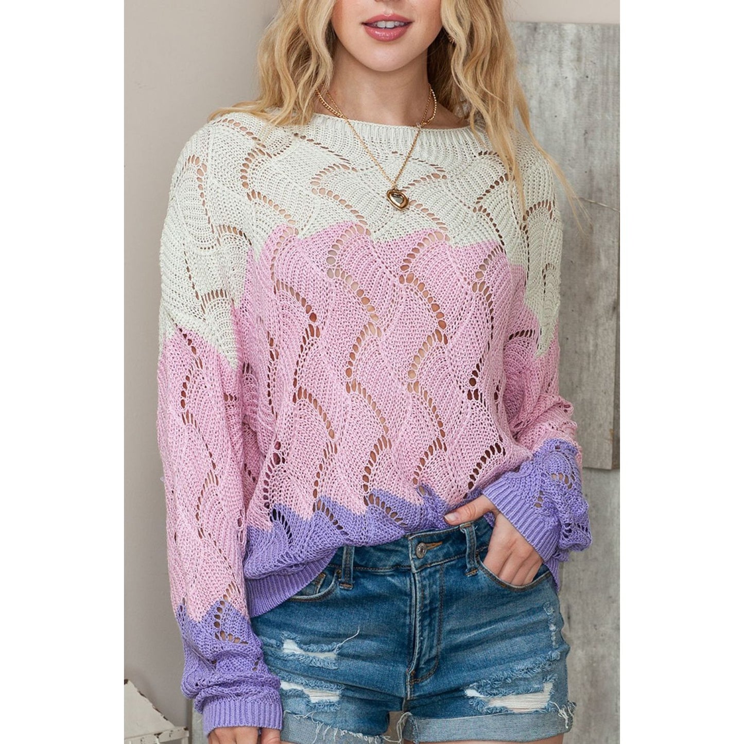 Color Block Hollow Boat Neck Sweater
