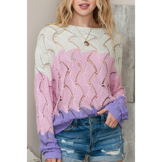 Color Block Hollow Boat Neck Sweater