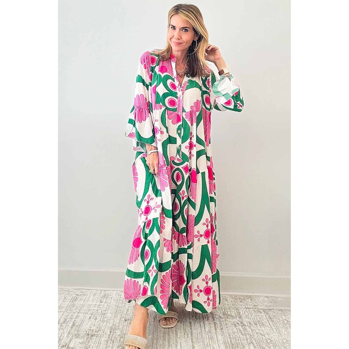 Printed Notched Long Sleeve Maxi Dress