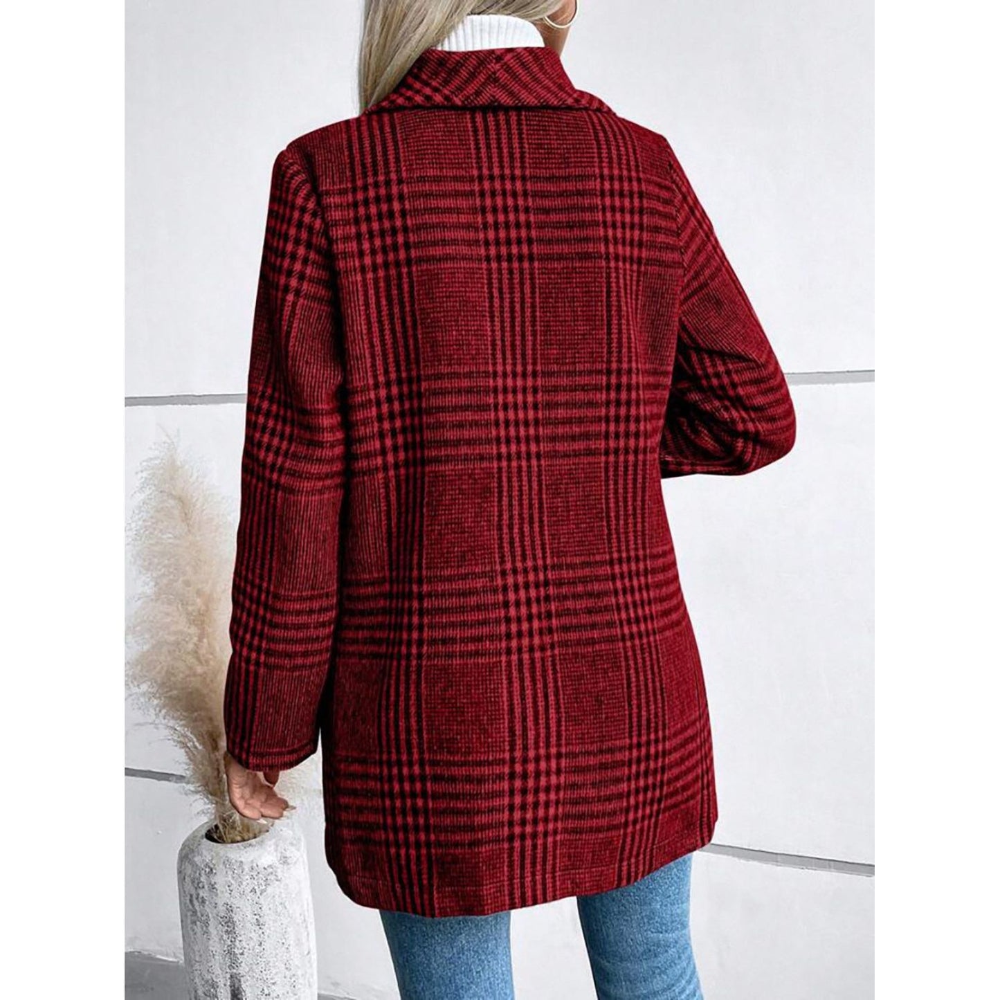 Plaid Collared Neck Long Sleeve Jacket