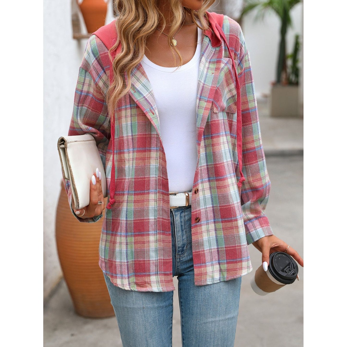 Plaid Long Sleeve Hooded Jacket