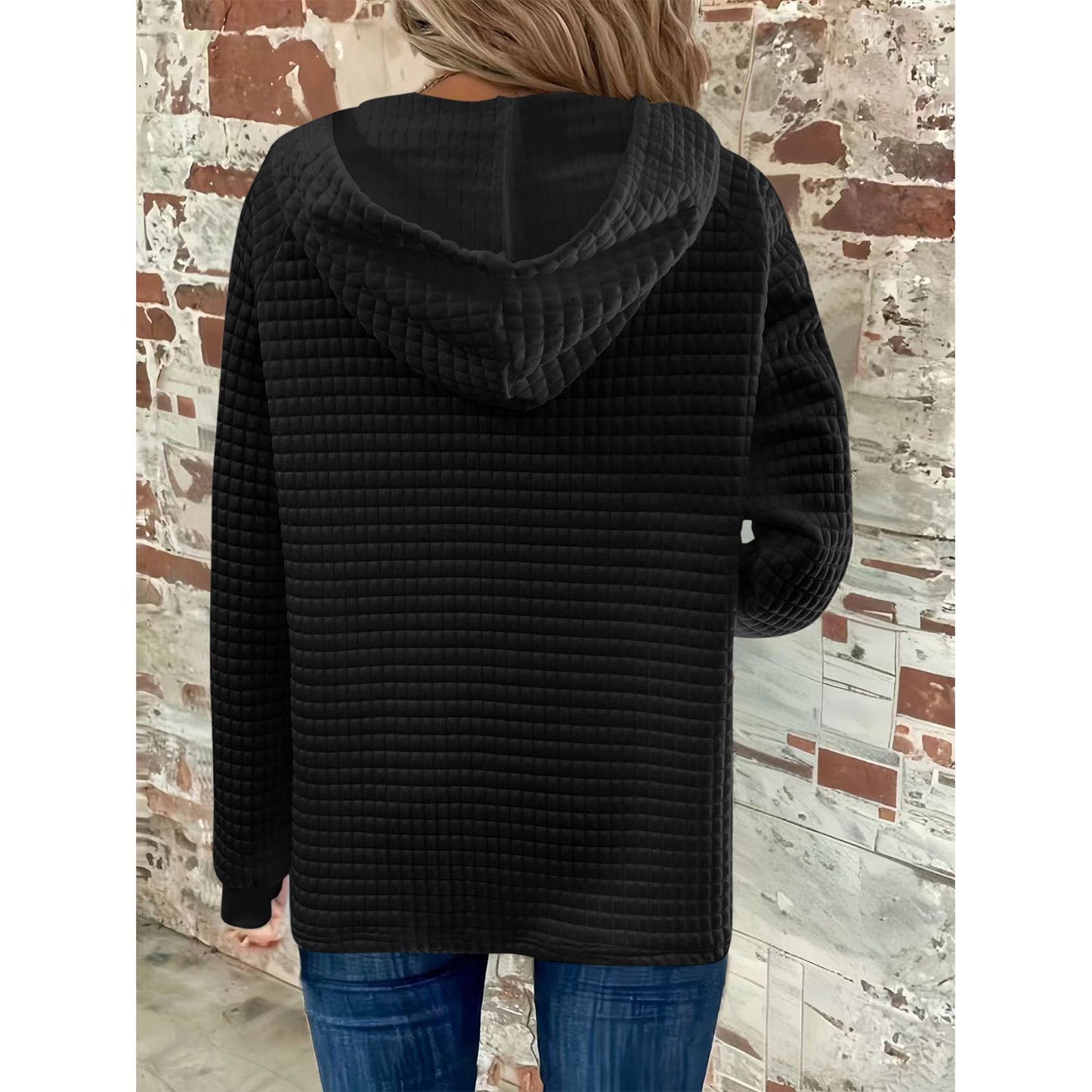 Full Size Texture Button Detail Drawstring Long Sleeve Hoodie