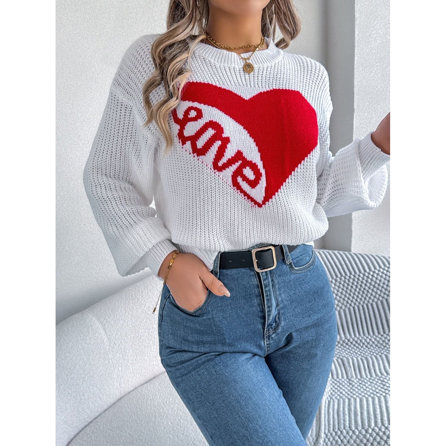 LOVE Heart Round Neck Dropped Shoulder Sweater