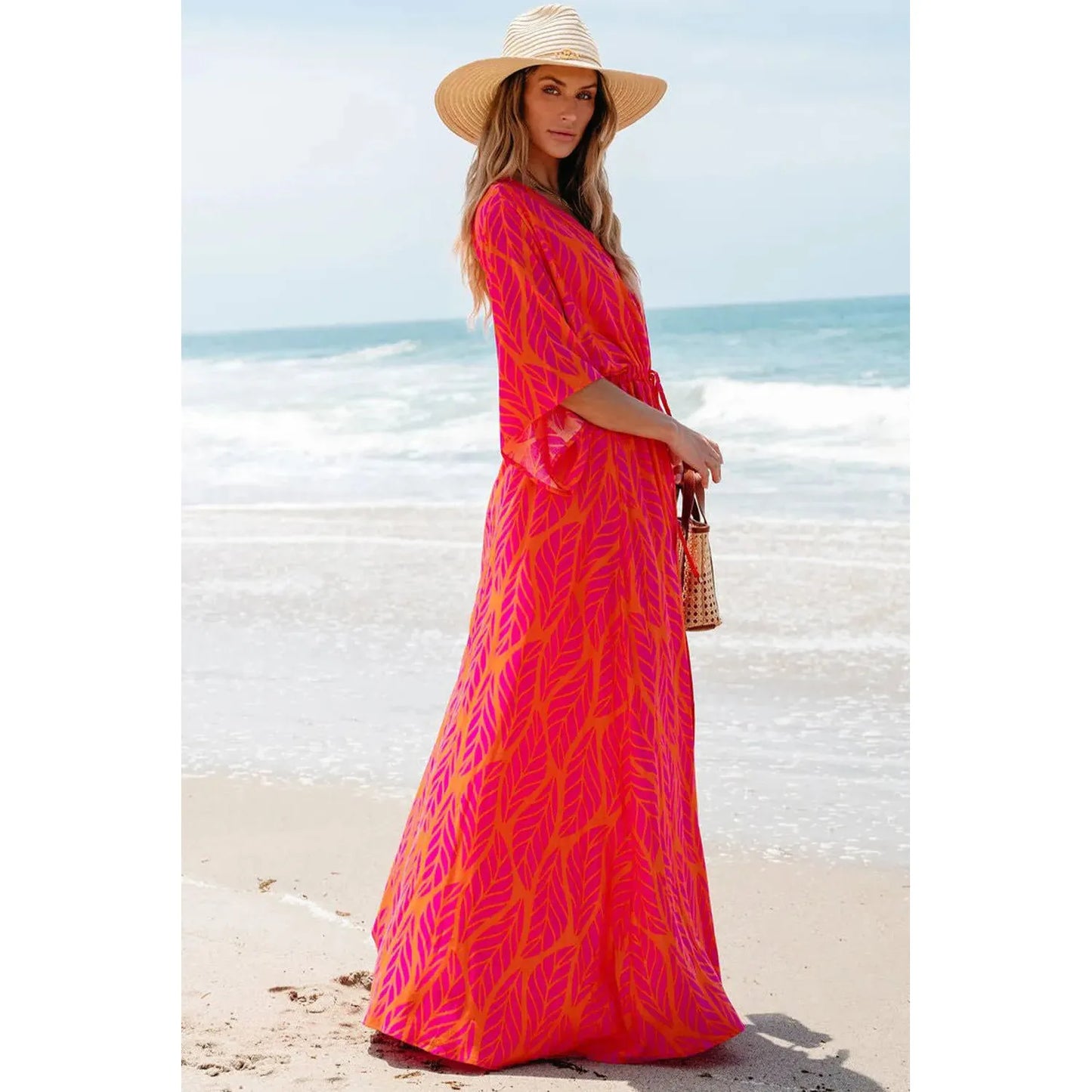 Drawstring Printed V-Neck Maxi Dress