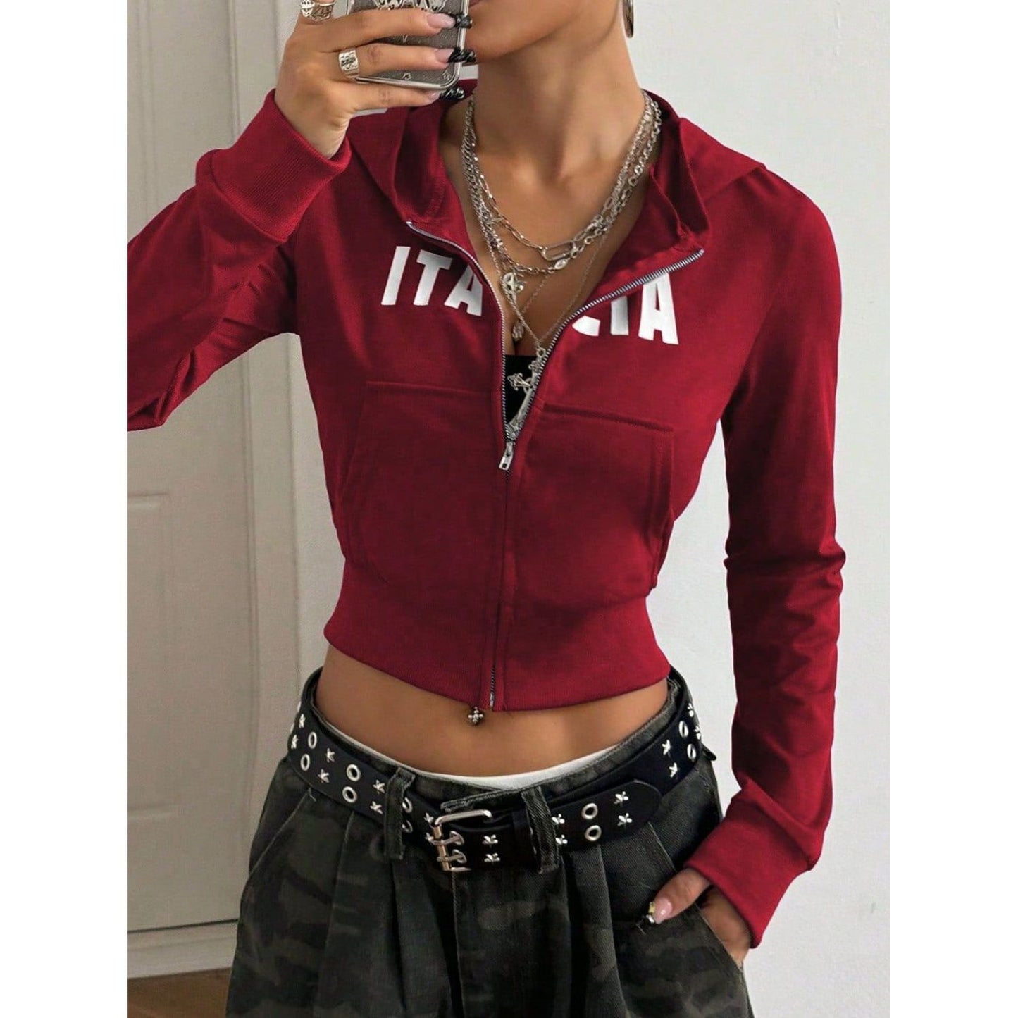 Letter Graphic Zip Up Long Sleeve Hoodie