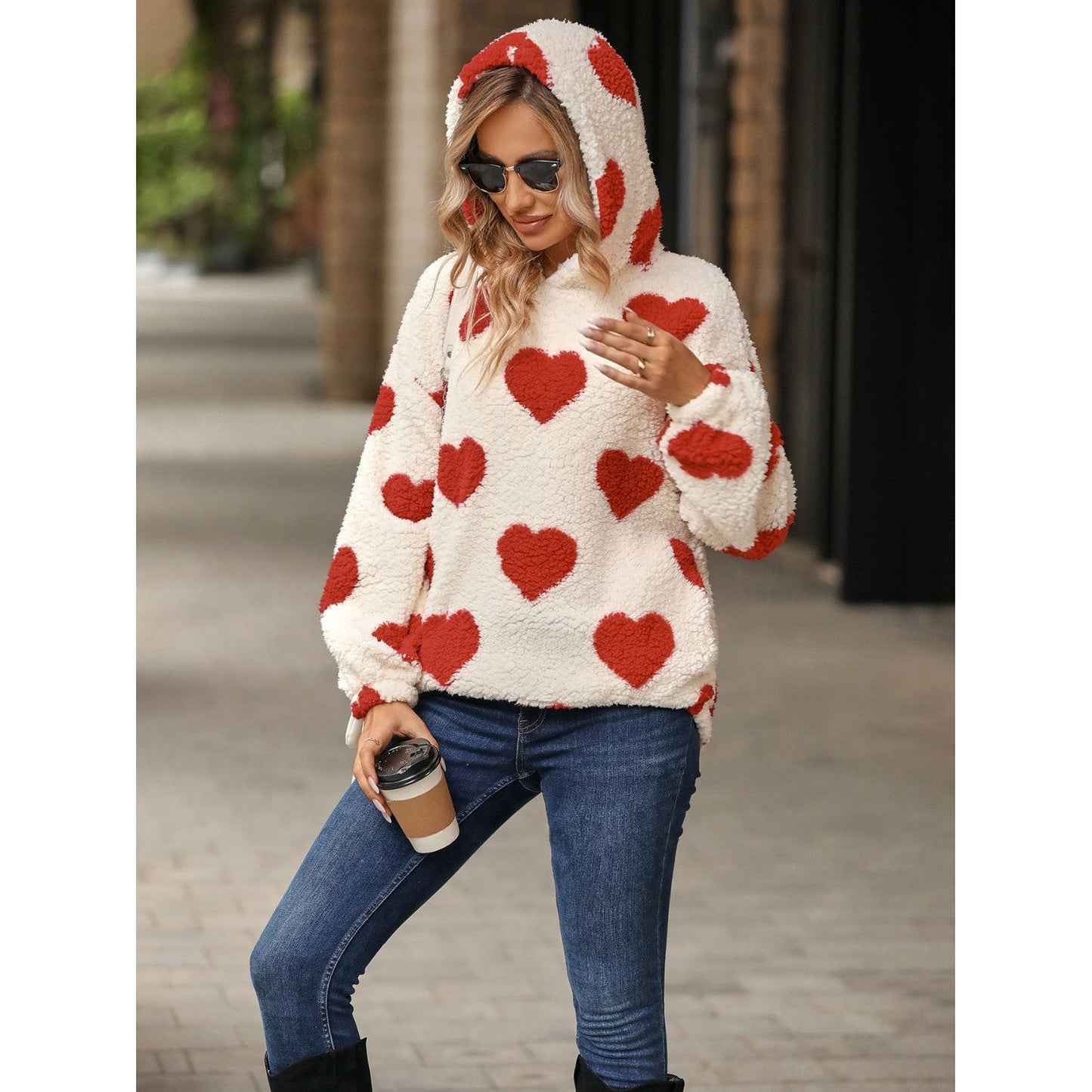Fuzzy Heart Pocketed Dropped Shoulder Hoodie