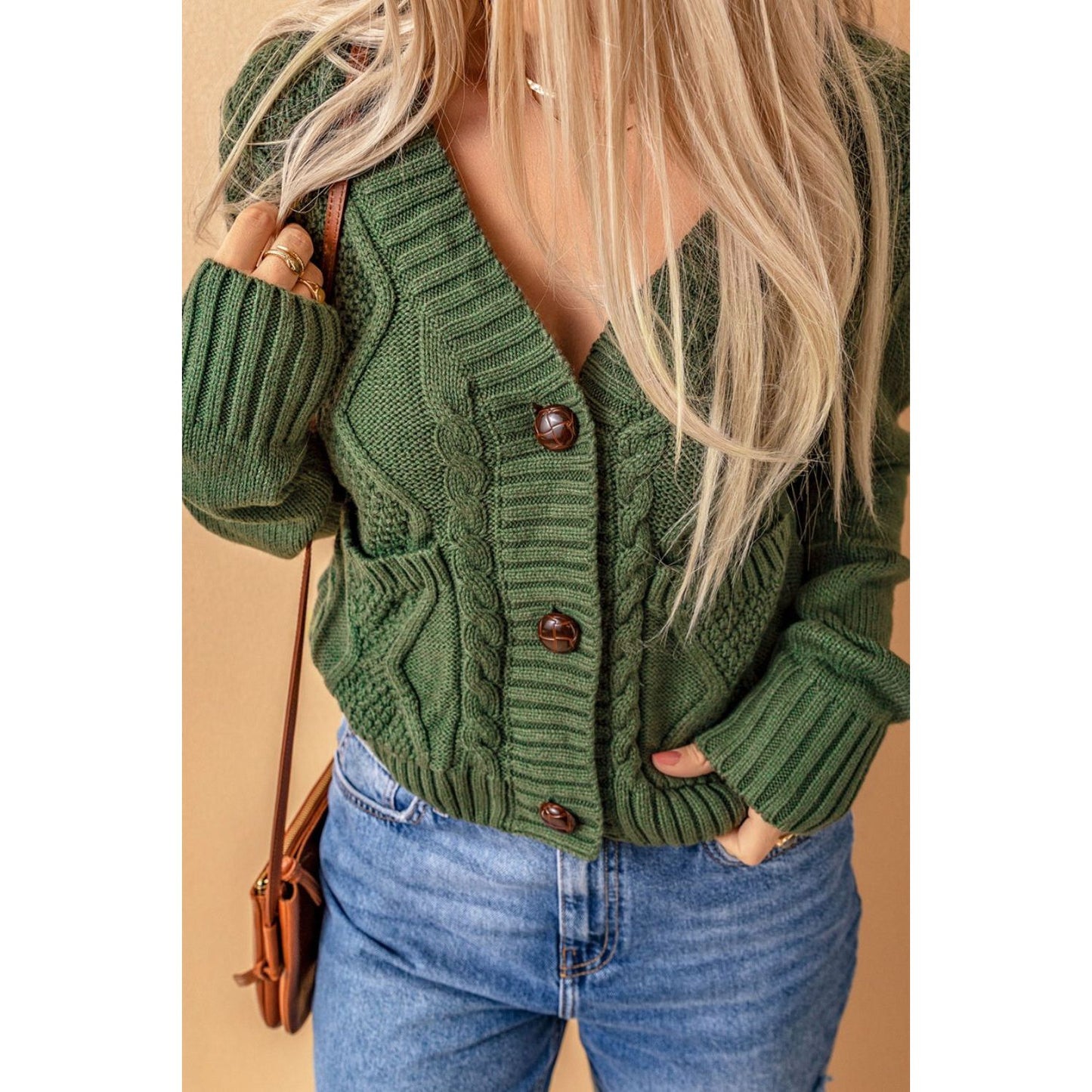 Cable-Knit Button Down V-Neck Cardigan