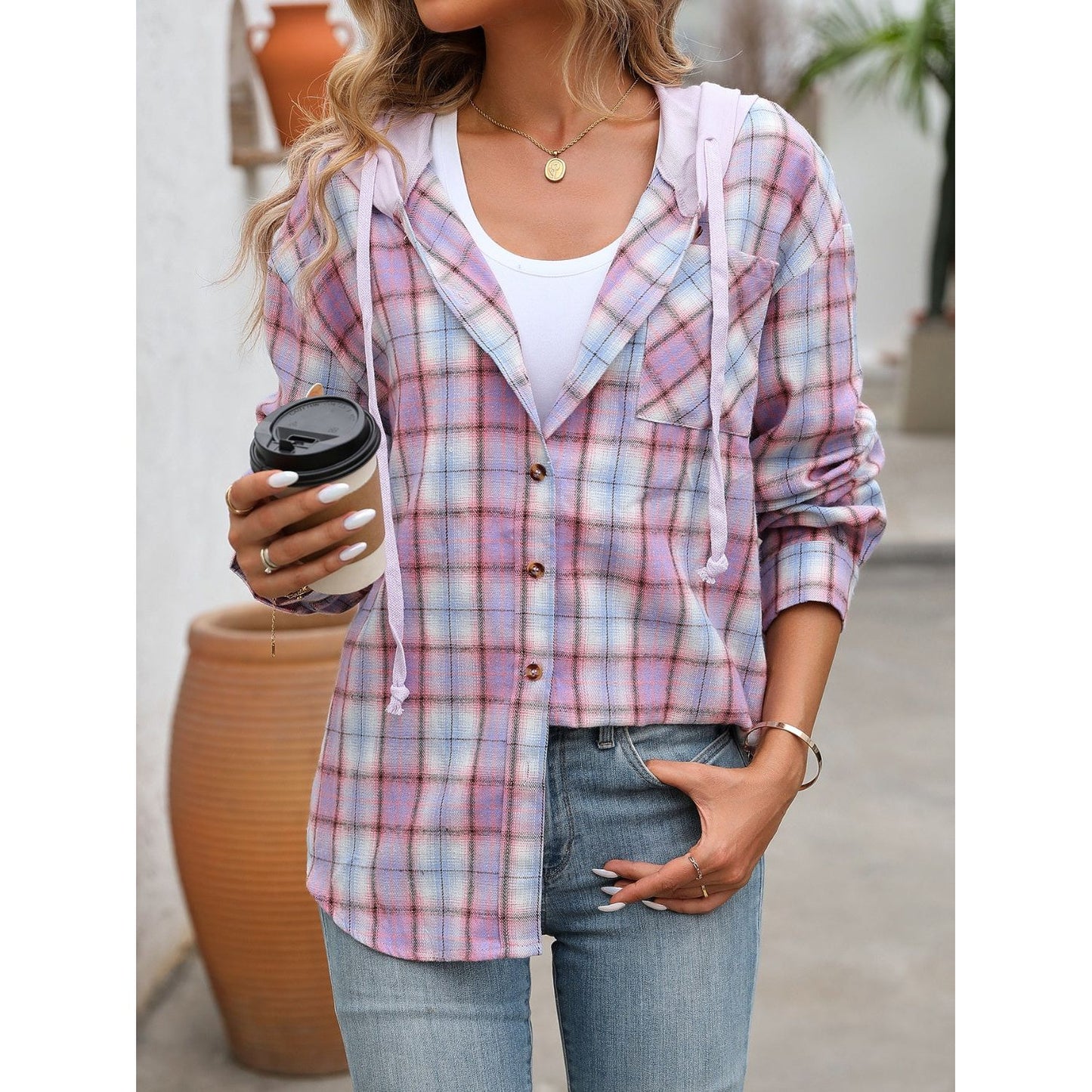 Plaid Long Sleeve Hooded Jacket