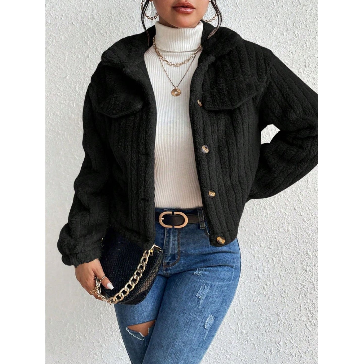 Fuzzy Button Up Collared Neck Jacket