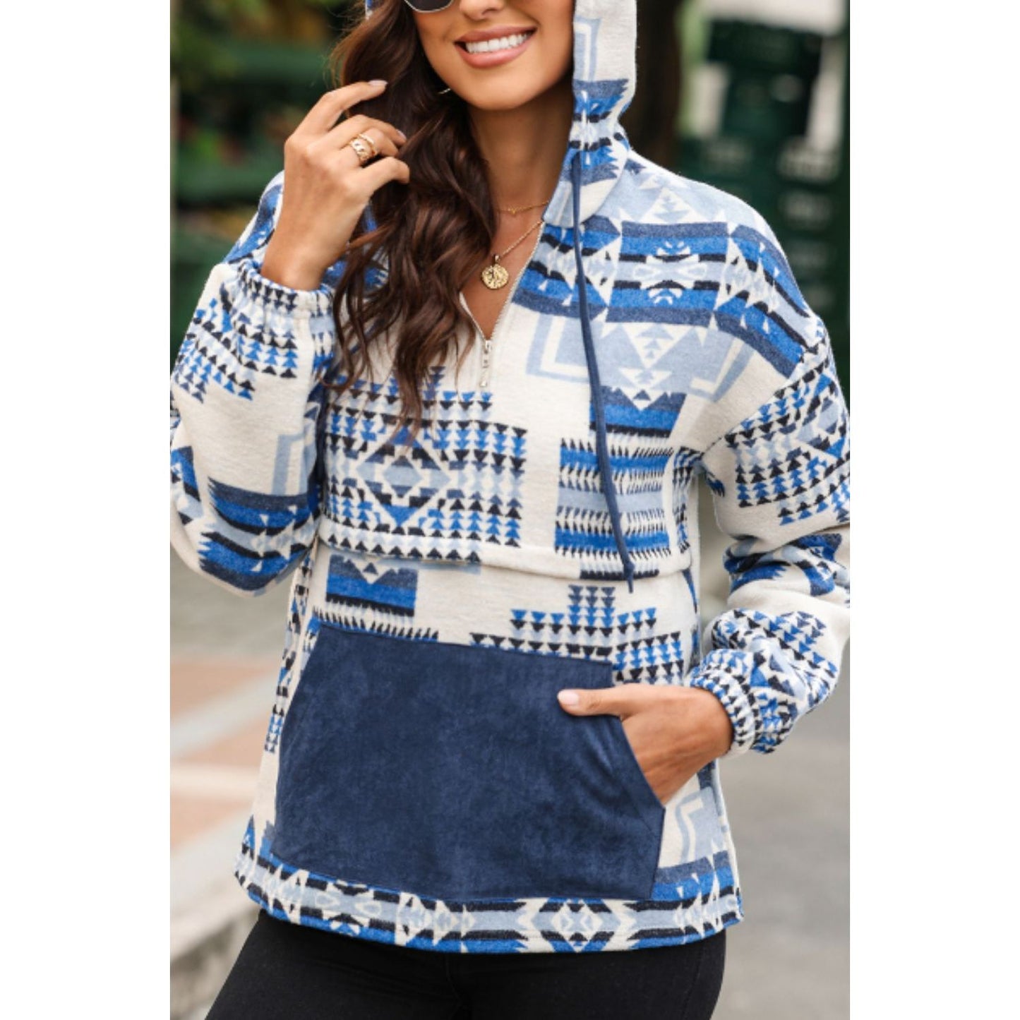 Geometric Quarter Zip Long Sleeve Hoodie