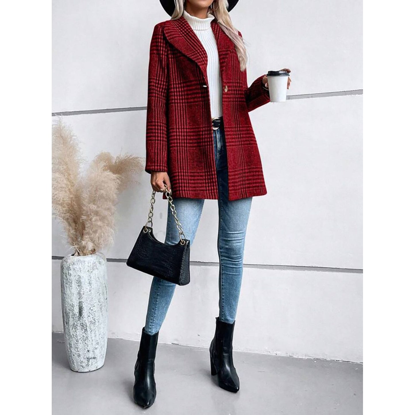 Plaid Collared Neck Long Sleeve Jacket