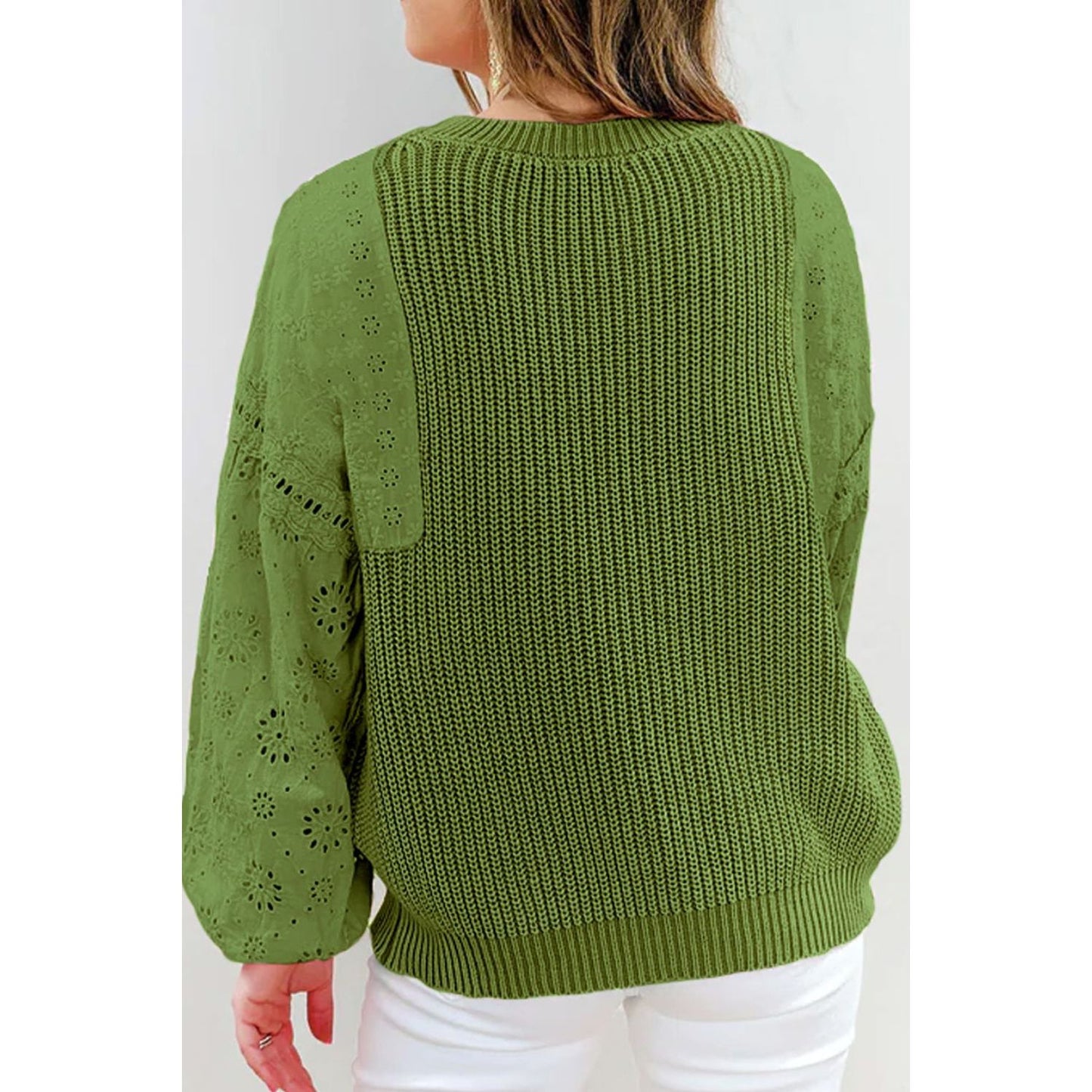 Eyelet Round Neck Drop Shoulder Sweater