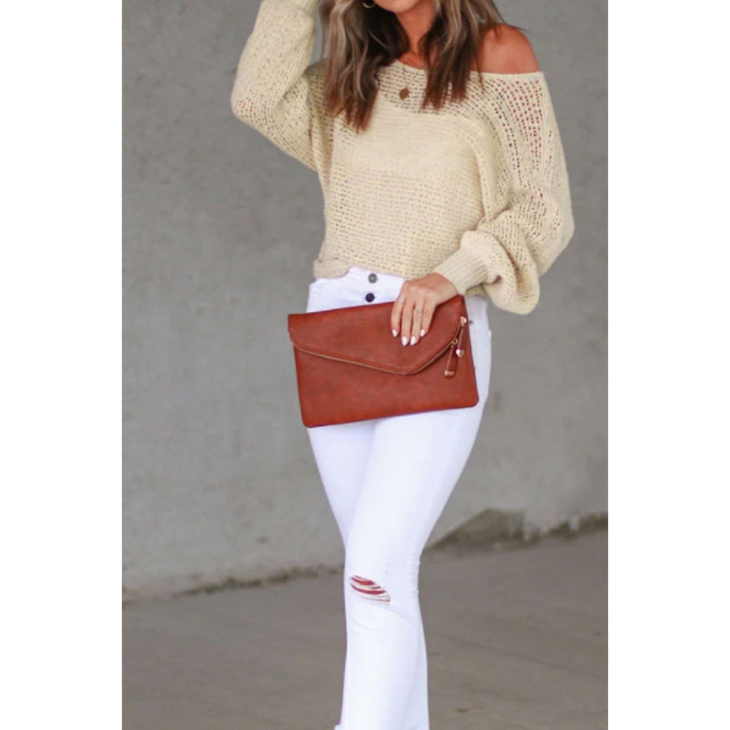 Openwork Boat Neck Raglan Sleeve Knit Top