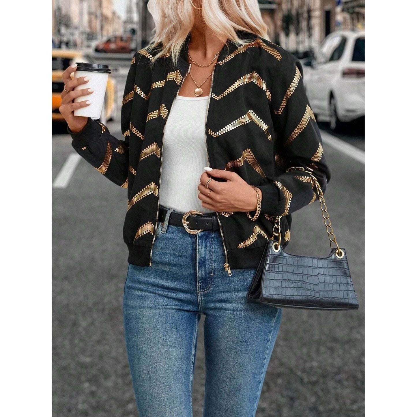 Printed Baseball Collar Zip Up Jacket