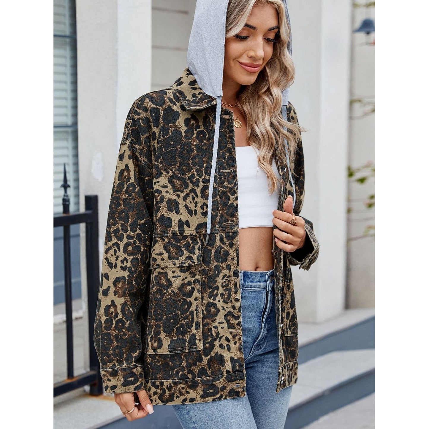 Leopard Button Up Drop Shoulder Denim Jacket