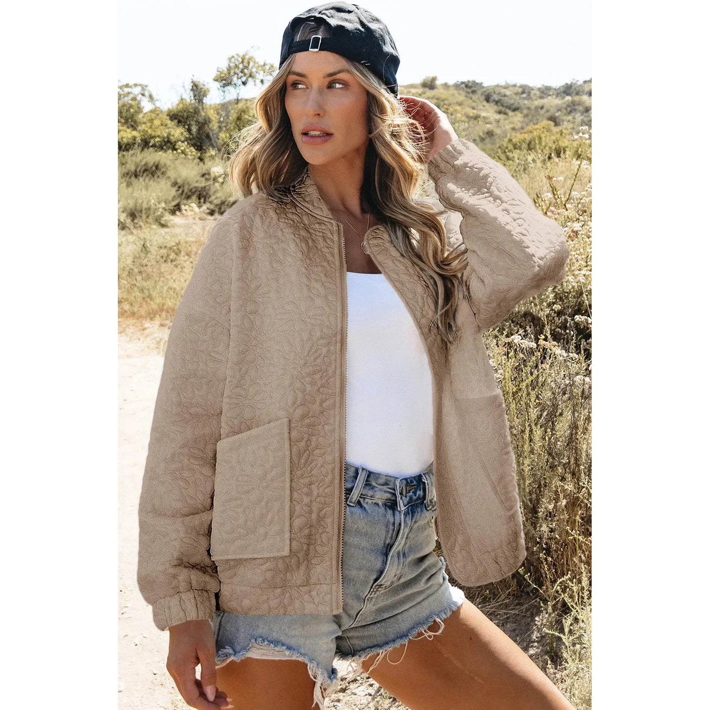 Baseball Collar Floral Quilted Jacket