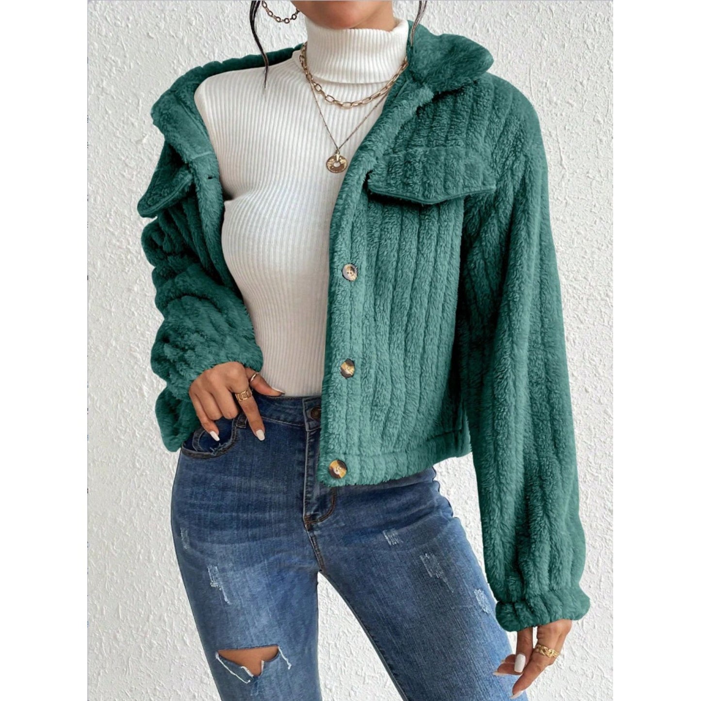 Fuzzy Button Up Collared Neck Jacket