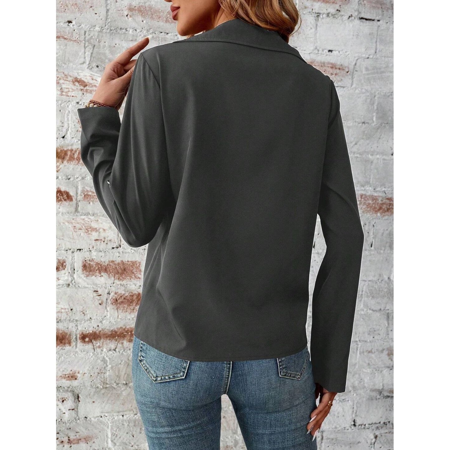 Zip Up Collared Neck Roll-Tab Sleeve Jacket