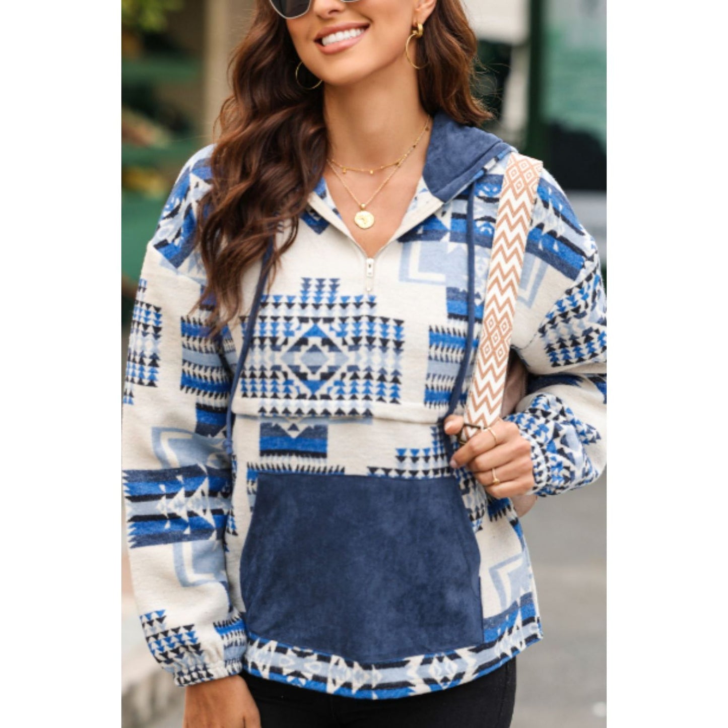 Geometric Quarter Zip Long Sleeve Hoodie