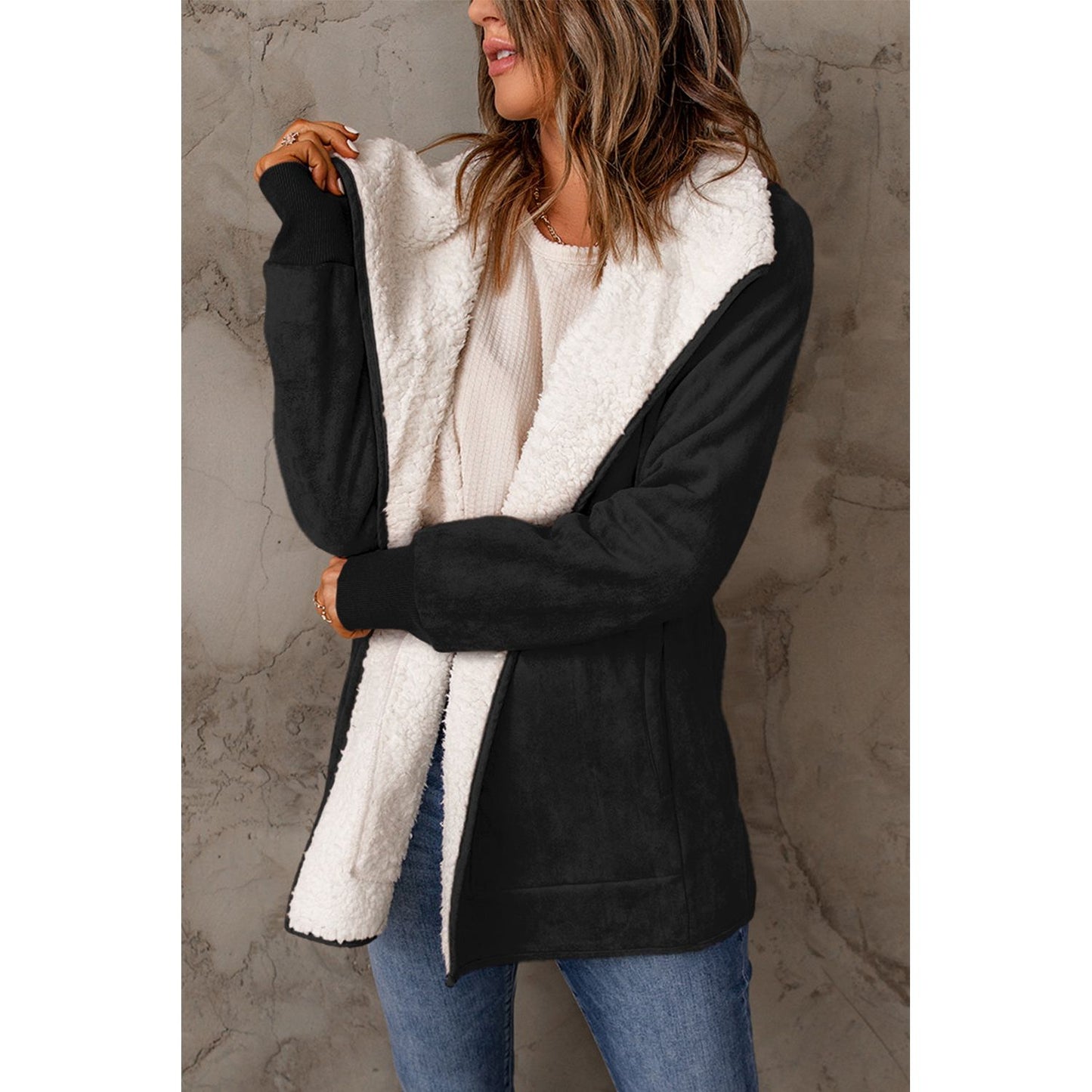 Open Front Long Sleeve Sherpa Jacket